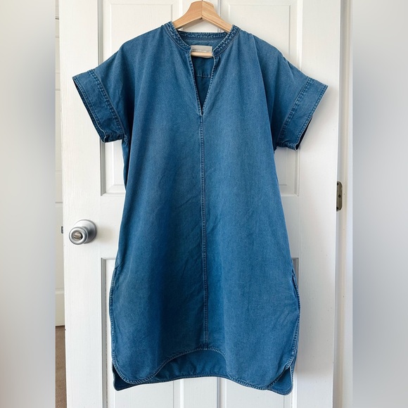 Everlane Splitneck Blue Jean Denim Shift Dress Pockets Size 10 - Picture 2 of 13